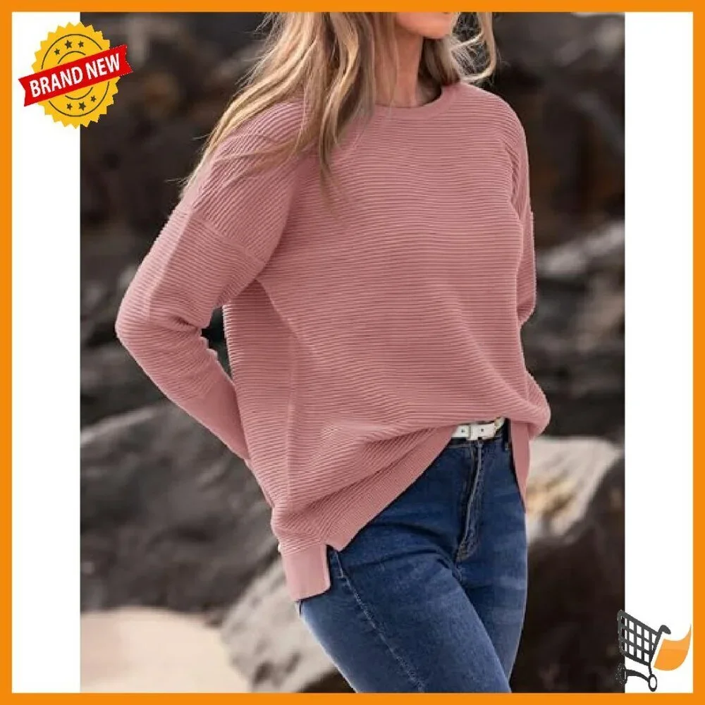 Cozy Ribbed Knit Pullover Sweater Loose Fit Batwing Sleeves Side Slits